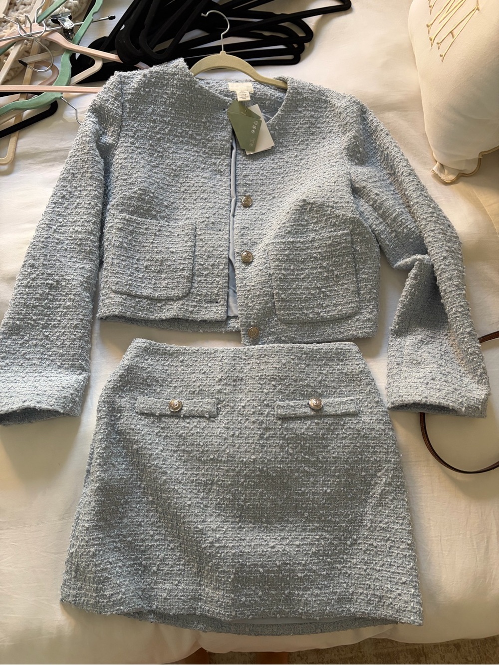 H&M Light Blue Bouclé Cropped Jacket & Mini Skirt Set